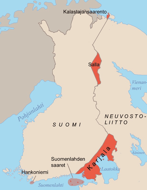 Moskovan rauha - karttakuva, jossa merkitty Suomen Neuvostoliitolle talvisodassa menettämät alueet