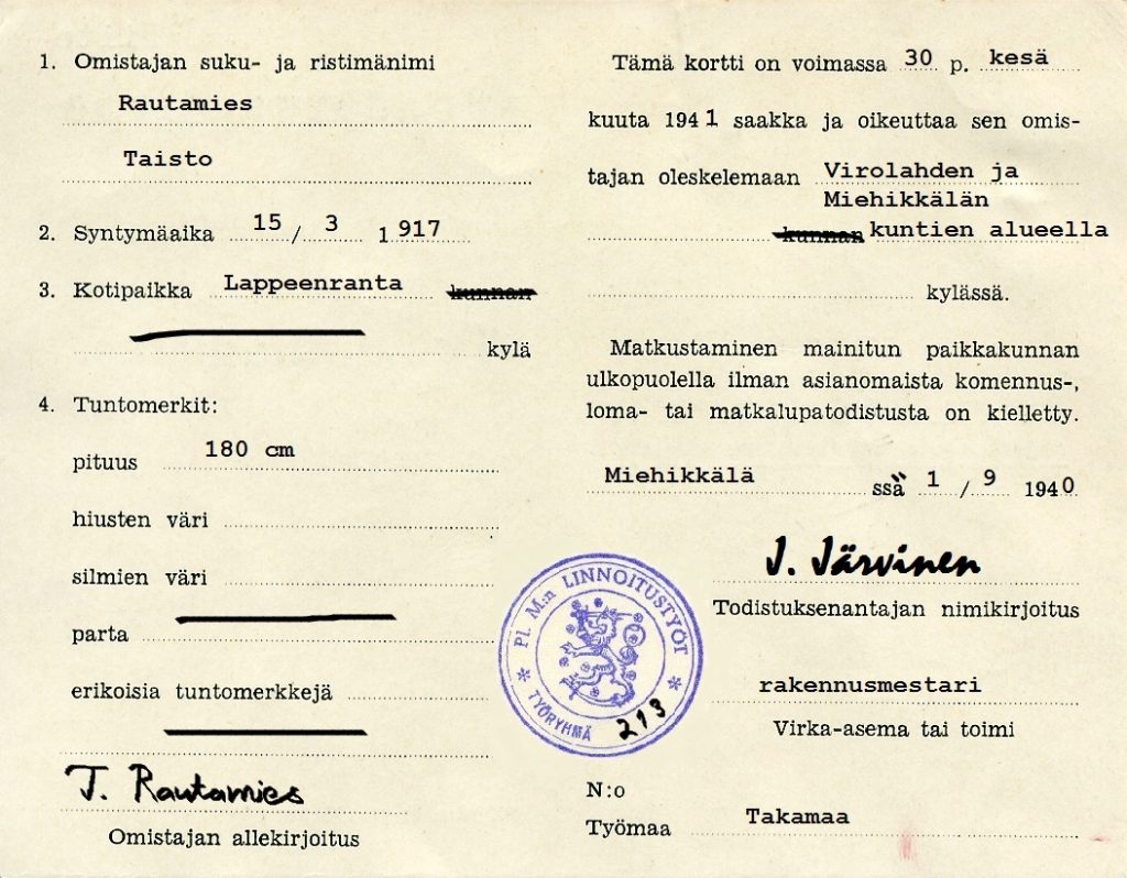Poliisi Taisto Rautamies työmaatodistus