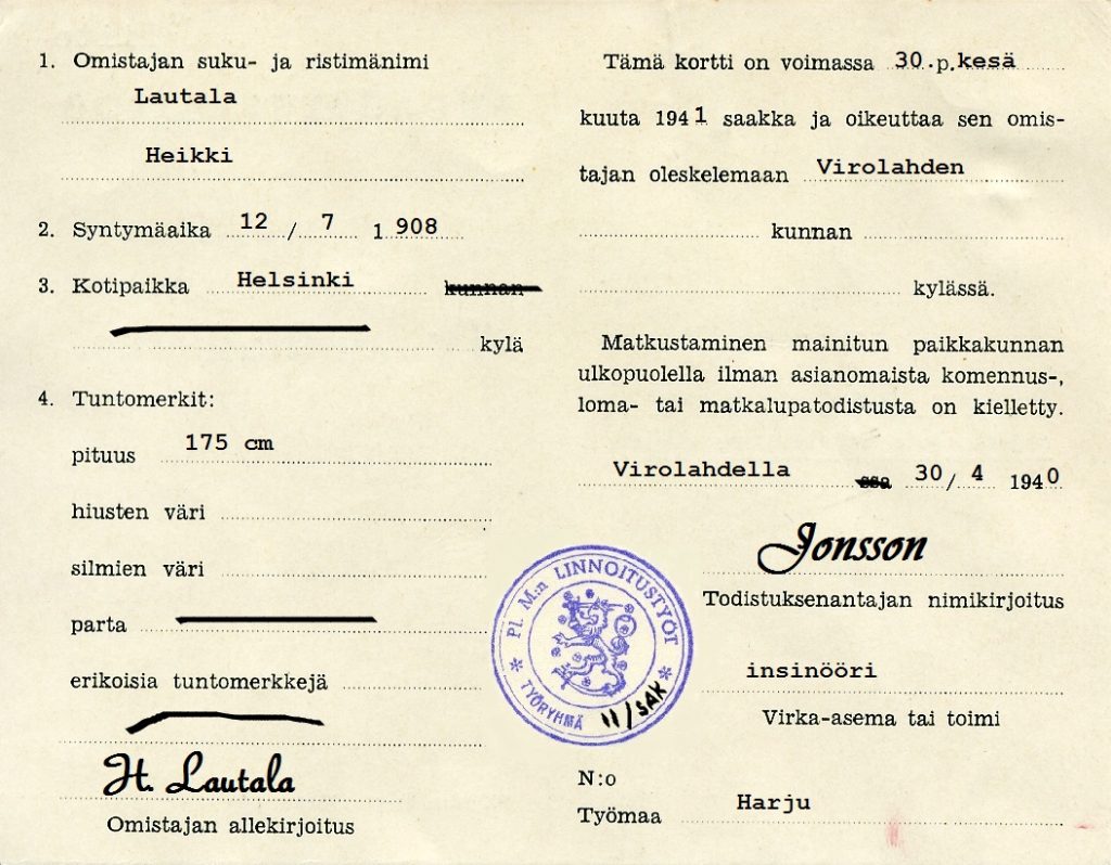 Rakennusmestari Heikki Lautala työmaatodistus